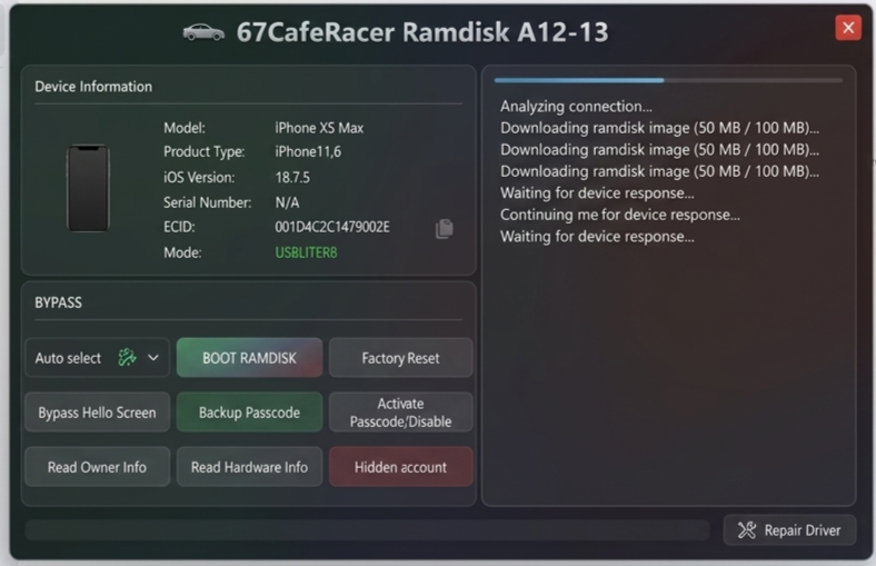 67CafeRacer Ramdisk for A12-A13 CPU Hello Screen Bypass without Signal
