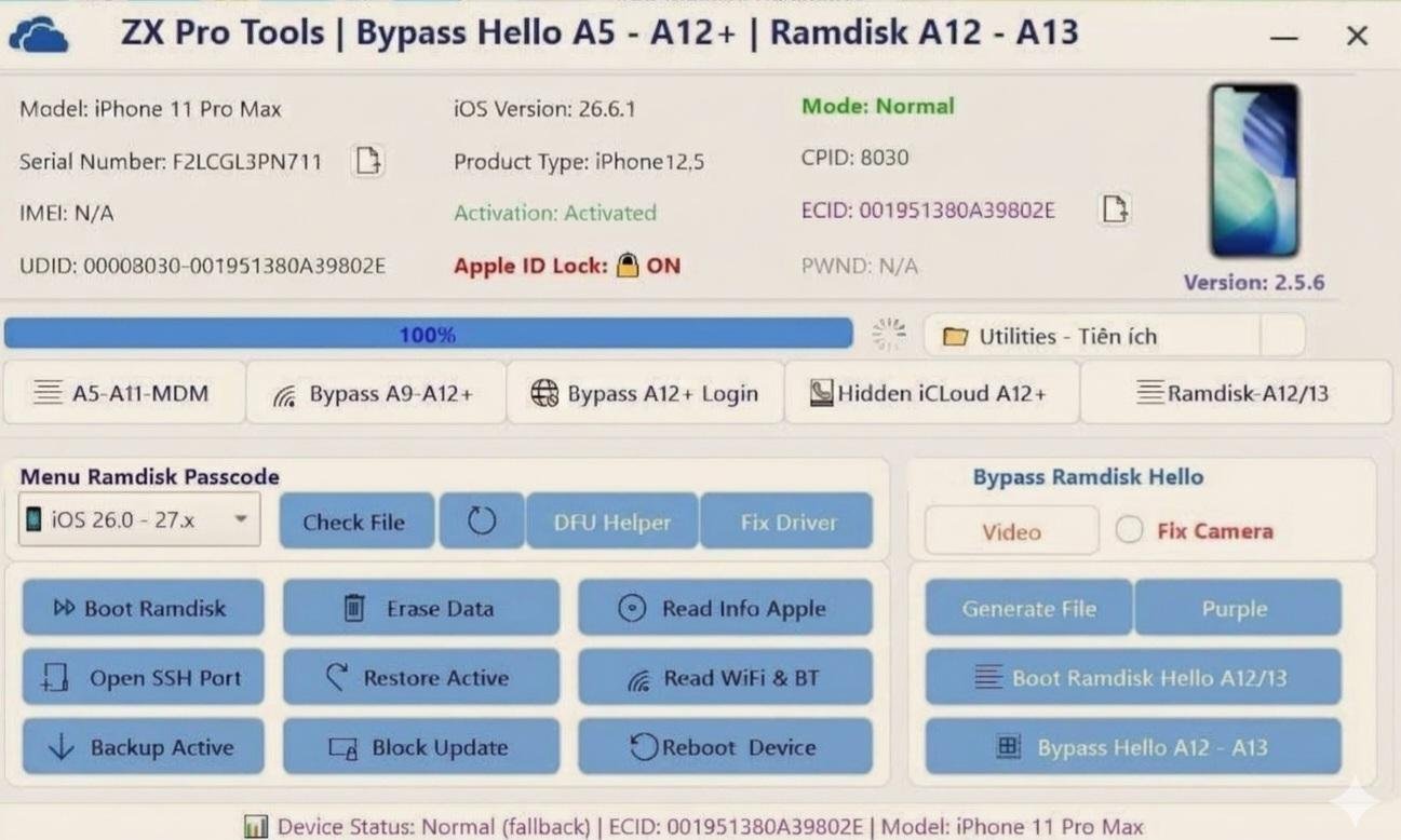 ZXPro Tool A12+ A13 ( ios 27.0 ) Hello Bypass Without Signal [ XR TO 11PM ] ✅️